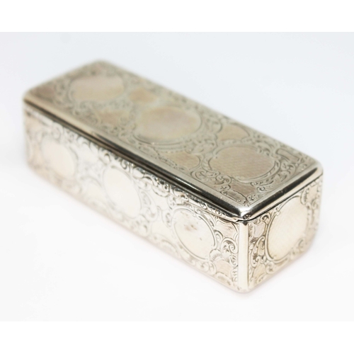 226 - An early Victorian silver snuff box of rectangular form, bright cut engraved with scrolls, the hinge... 