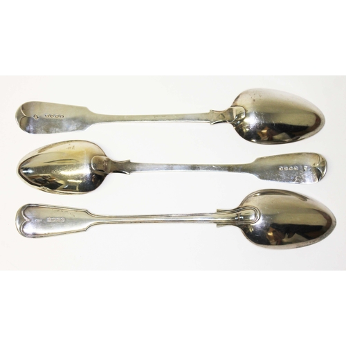 235 - Three Victorian silver basting spoons comprising a pair by John James Whiting, London 1865, length 3... 