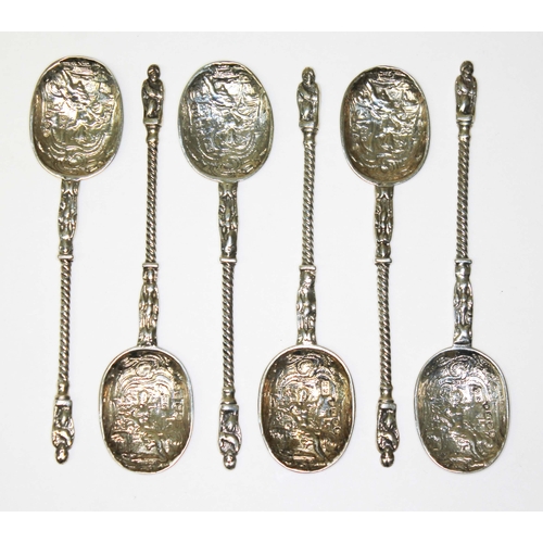 240 - A set of six silver apostle spoons with cast bowls, sponsor's mark 'SG', London 1885, length 11cm, w... 