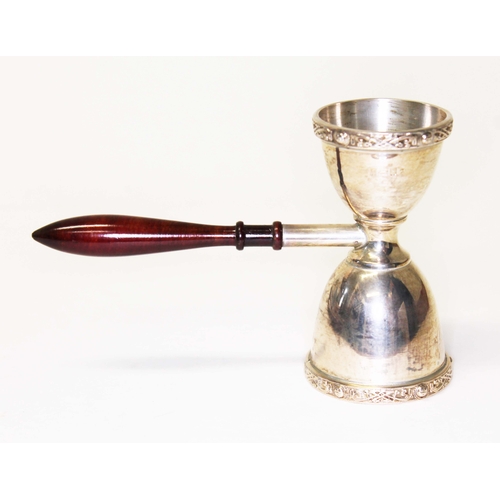 244 - An Elizabeth II hallmarked silver double measure with turned wooden handle length 13.5cm, gross wt. ... 