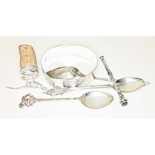 250 - A mixed lot of hallmarked silver comprising a bangle, a cork stopper, two souvenir spoons, together ... 