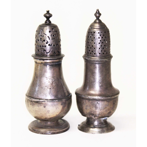 251 - Two early silver sugar castors, one by Samuel Welder, London 1717, height 12.5cm and the other spons... 