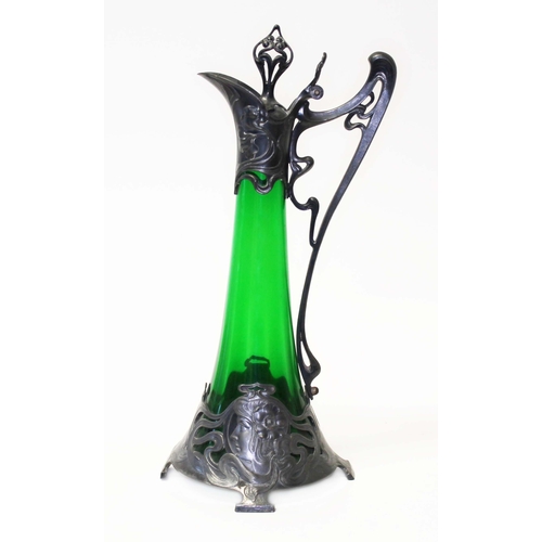 259 - A WMF Art Nouveau green glass and pewter claret jug, height 41cm.