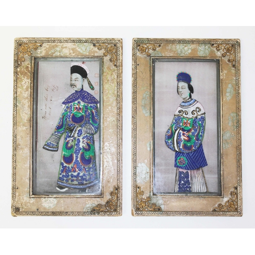 261 - A pair of Chinese full length portraits, circa 1900, 7cm x 14.5cm each, glazed gilt metal mounted fr... 