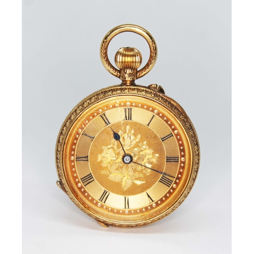 81 - A late Victorian 18ct gold open faced pocket watch, engraved dial with Roman numerals and blued hand... 