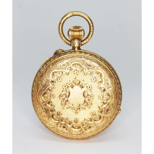 81 - A late Victorian 18ct gold open faced pocket watch, engraved dial with Roman numerals and blued hand... 