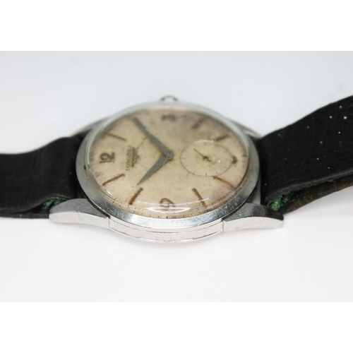 83 - A 1956 Longines stainless steel wristwatch, ref. 6666-4, cal. 12.68Z, silvered dial with outer minut... 