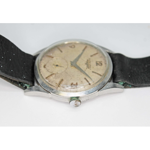 83 - A 1956 Longines stainless steel wristwatch, ref. 6666-4, cal. 12.68Z, silvered dial with outer minut... 