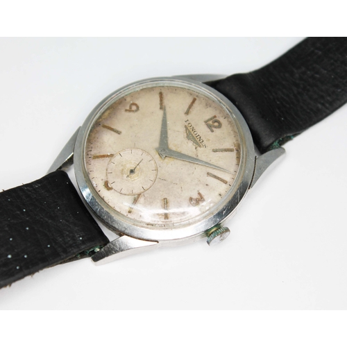 83 - A 1956 Longines stainless steel wristwatch, ref. 6666-4, cal. 12.68Z, silvered dial with outer minut... 