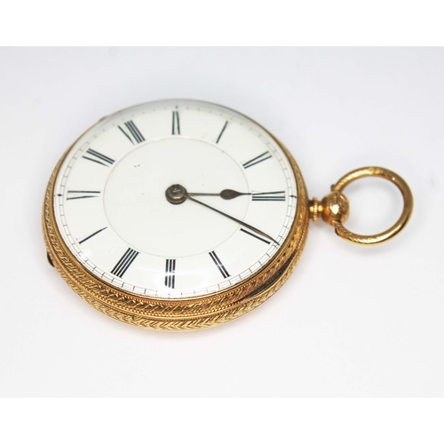 86 - A Victorian 18ct gold open faced pocket watch, white enamel dial with Roman numerals and gilt hands,... 