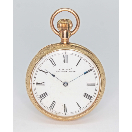 87 - An American Waltham open faced pocket watch, engraved outer case, marked '10c', diameter 38mm, gross... 