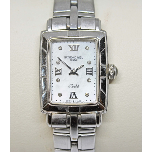 90 - A ladies Raymond Weil Parsifal stainless steel quartz wristwatch, signed rectangular mother of pearl... 