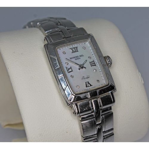 90 - A ladies Raymond Weil Parsifal stainless steel quartz wristwatch, signed rectangular mother of pearl... 