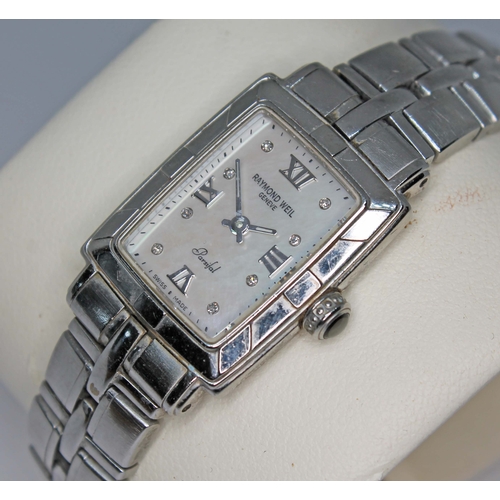 90 - A ladies Raymond Weil Parsifal stainless steel quartz wristwatch, signed rectangular mother of pearl... 