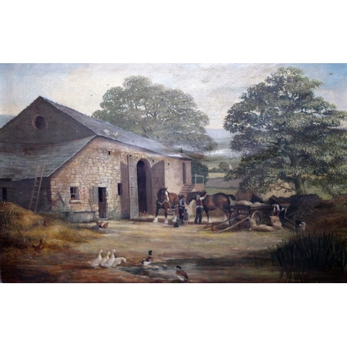 14 - Ruth Gibbons (British 20th century), farm scene with horses, oil on board, 61cm x 41cm, signed 'R. G... 