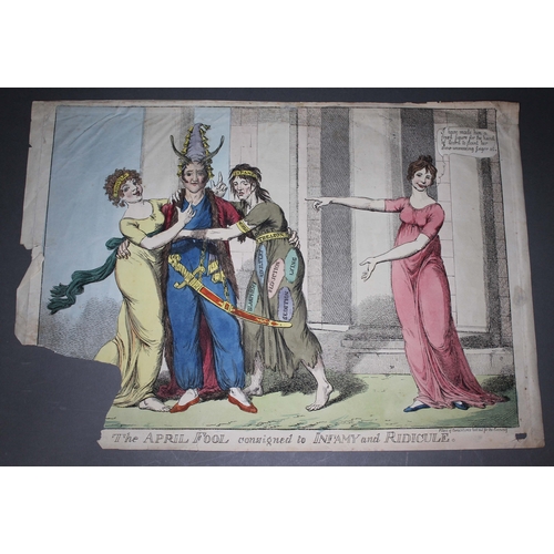 2 - A group of five 18th/19th century satirical etchings, four being hand coloured, comprising; 