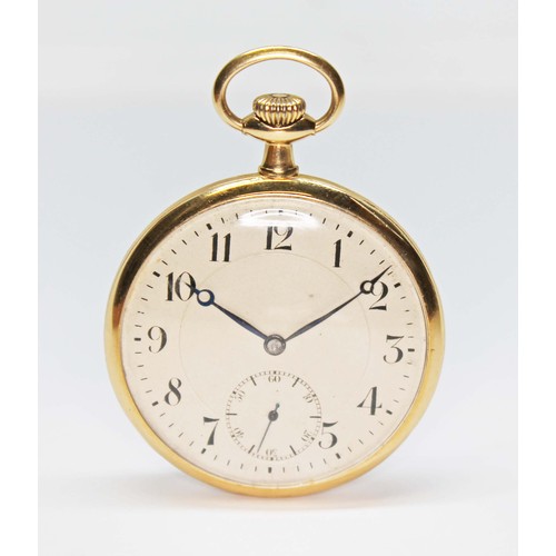 79H - An 18ct gold open faced pocket watch, champagne dial with outer minute track, Arabic numerals, secon... 