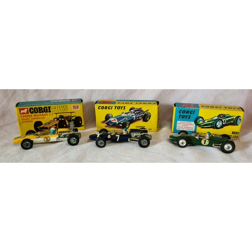 5 - Corgi Toys 3 cars, 155 Lotus-Climax Formula 1 Racing car, 156 Cooper Maserati F/1, 159 Cooper-Masera... 