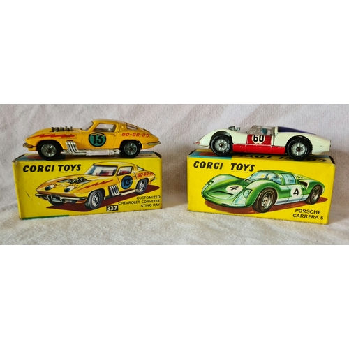 6 - Corgi Toys, 2 cars, 330 Porsche Carrera 6 & 337 Customized Chevrolet Corvette Sting Ray, both boxed.