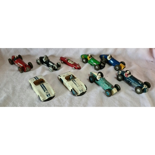 14 - Dinky Toys, A group of 9 play worn racing cars to include 230 Talbot Lago, 235 H.W.M, 234 Ferrari, 2... 