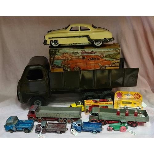 23 - A box of playworn diecast vehicles to include a boxed Minister Delux in lemon, a Tri-Ang Army transp... 