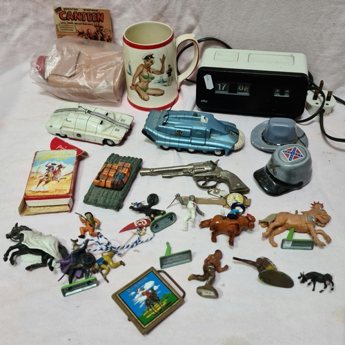 37 - A box of collectables to include a retro Braun alarm clock, Dinky Toys 105 maximum security vehicle ... 