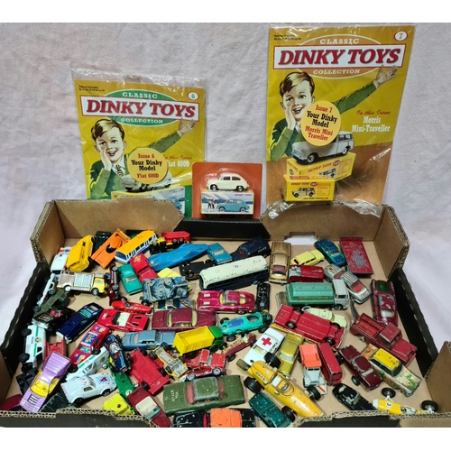 45 - A box of mostly playworn diecast vehicles to include 2 x Dinky Toys Deagostini magazines with boxed ... 