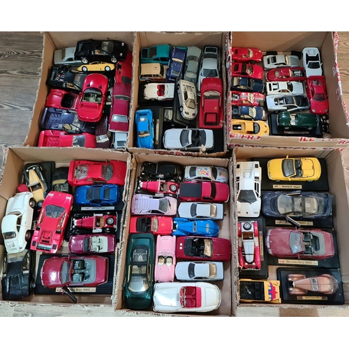 49 - 6 boxes of model cars (1:24 & 1:18) to include Maisto, Tonka & Burago etc.