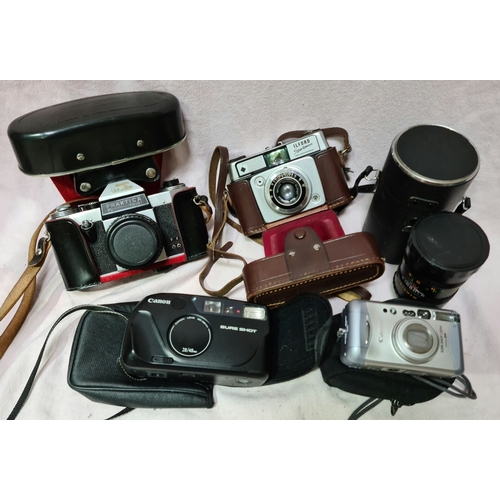 111 - A box of assorted cameras & a lense to include a Prakica PL nova 1, Ilford Sportman, 2 x Canon sure ... 