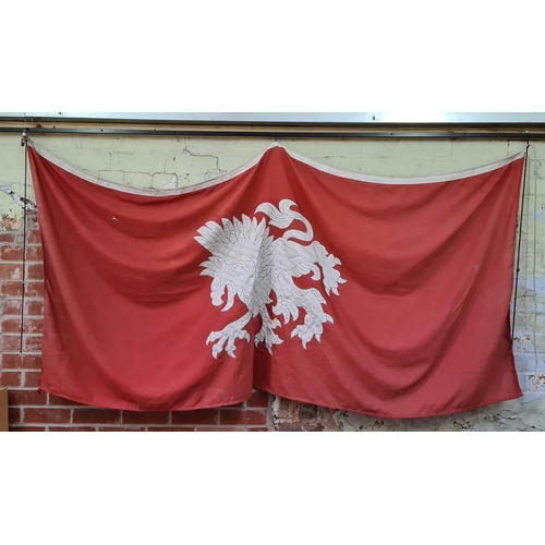 221 - A red and white dragon flag, possibly Flemish(?) 230cm x 105cm.