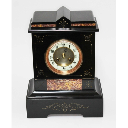 125 - A Victorian black slate and marble mantle clock, height 34cm.