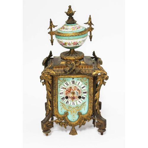 130 - A French late 19th century gilt metal mounted and porcelain mantle clock, height 37cm.