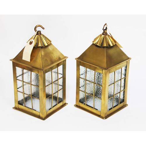 140 - A pair of brass hanging lantern type light fittings, height 29cm.