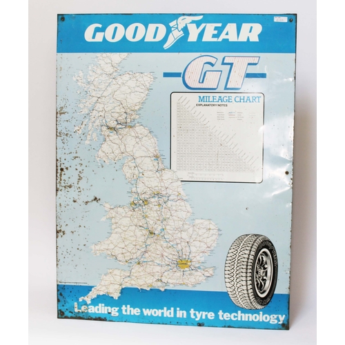 155 - A Good Year GT mileage chart aluminium sign 69cm x 90cm, mounted on wooden frame.