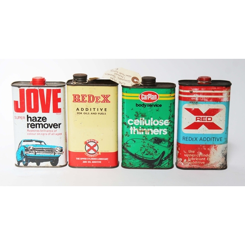 177 - A group of four vintage oil cans comprising a sealed Jove Haze Remover, a sealed Redex additive, a C... 