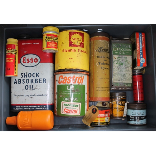 178 - A collection of tins to include Bartoil lubricating oil, Holdtite tubeless tyre repair, Esso shock a... 