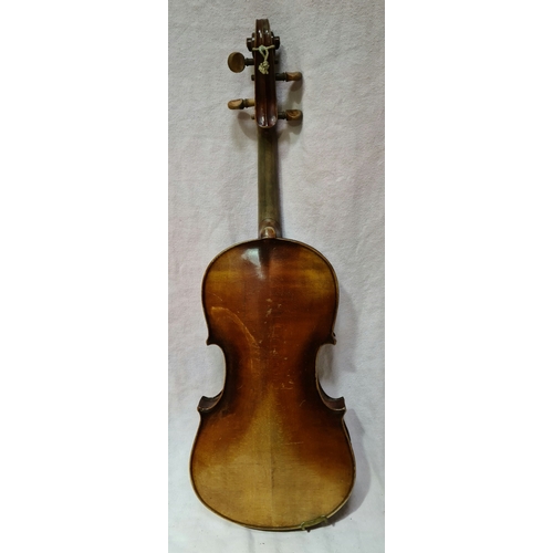 238 - An antique violin, two piece back length 362mm, with wooden case.