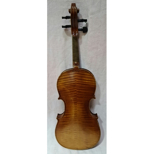 239 - An antique violin, two piece back length 356mm, with bow and hard case.