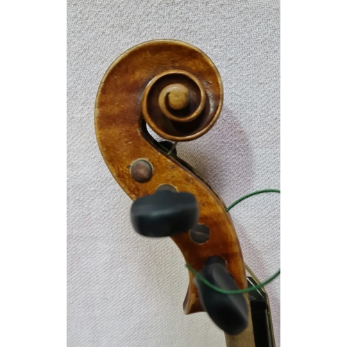 239 - An antique violin, two piece back length 356mm, with bow and hard case.