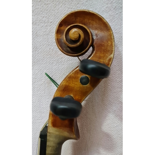 239 - An antique violin, two piece back length 356mm, with bow and hard case.