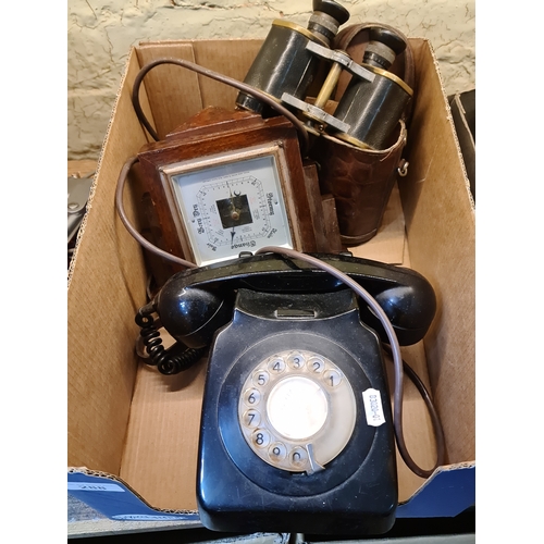 288 - A vintage telephone, barometer and a pair of binoculars with case.