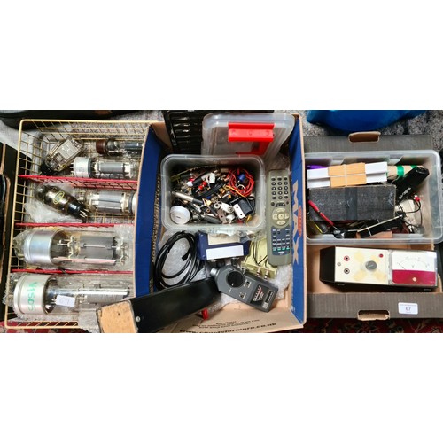 67 - Four boxes of assorted HiFi and spares including valves, Sugden control unit and tuner, a Marantz tu... 