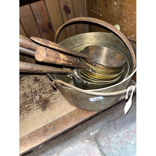 Two brass jam pans and six brass and copper pans.