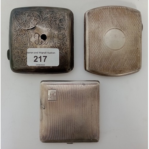 217 - Three silver cigarette cases, various hallmarks, gross weight 248 grams.