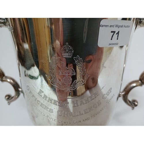 71 - A George V regimental twin handled silver trophy inscribed 'ERNEST HAMER OFFICERS CHALLENGE CUP Best... 