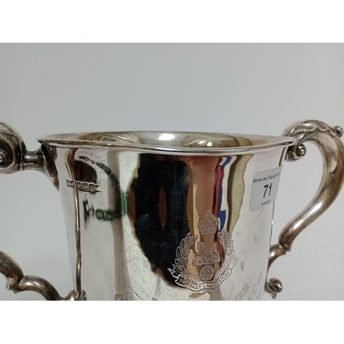 71 - A George V regimental twin handled silver trophy inscribed 'ERNEST HAMER OFFICERS CHALLENGE CUP Best... 