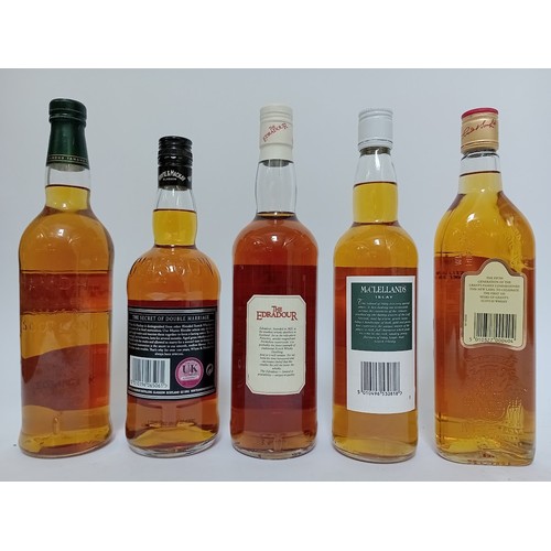 305 - Five bottles of whiskey; The Edradour 10 year old single Highland malt, McClelland's Islay single ma... 