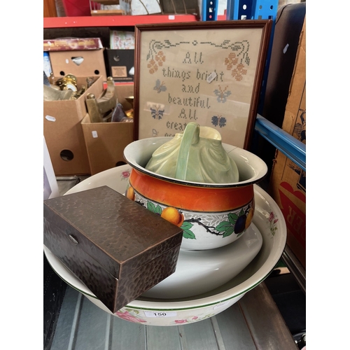 150 - A modern sampler, framed and glazed, a wash bowl, bedpan, and metal box with toy car