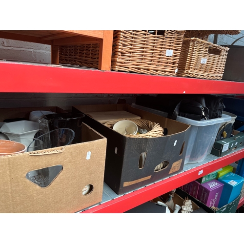 222 - 4 boxes of miscellaneous items including pottery, glass, bankers lamp, table lamp, lap top bags, Tos... 