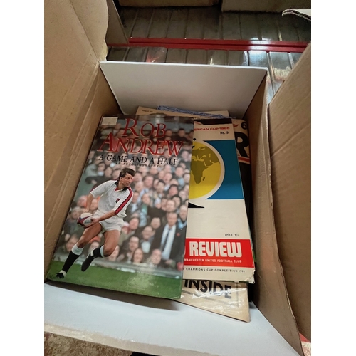 332 - A box of sporting memorabilia including signed books by Rob Andrew and Peter Alliss.